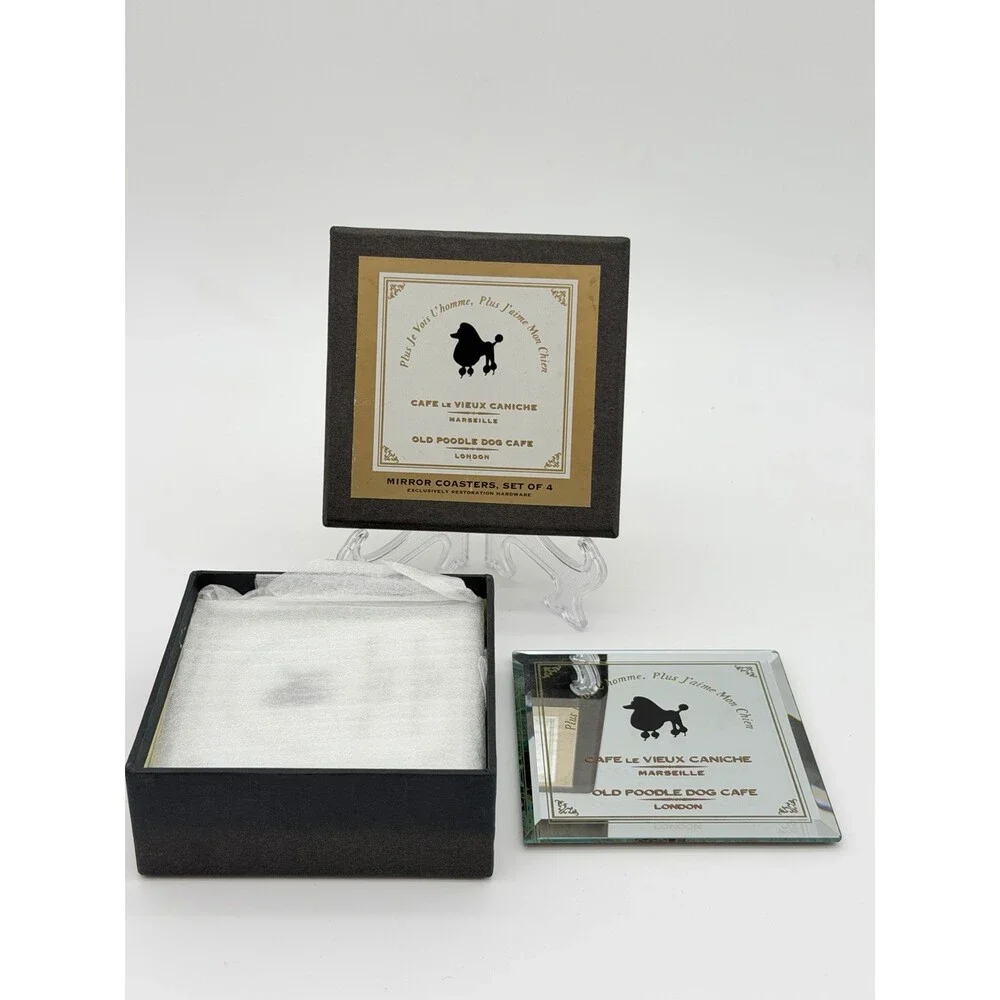 Restoration Hardware MIRROR POODLE coasters Old Poodle Dog Cafe Set Of 4 London